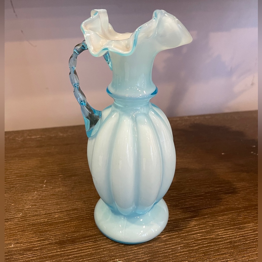 Vintage Fenton Blue Overlay, Ruffled Melon, Crimpked Edges Glass Pitcher 8 3/4"H